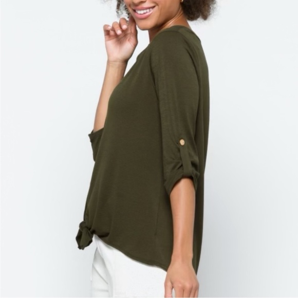 Olive Button Down Tie Front Knit Top Size XXL - Picture 3 of 6